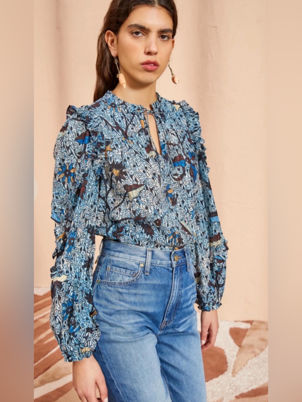 Ulla Johnson Manet Morning Glory Floral Ruffle Blouse Blue Size 10